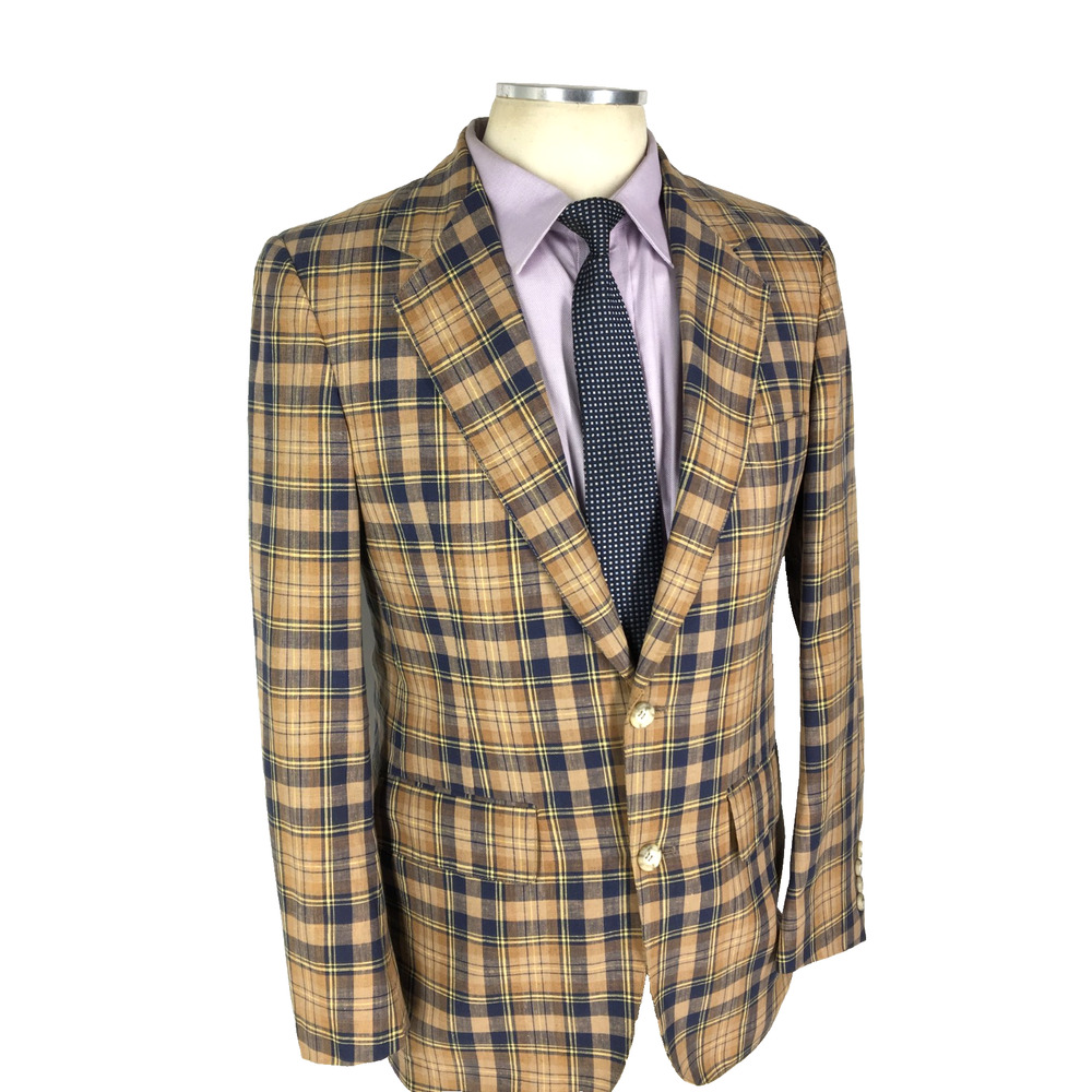38L Bill Blass USA Mens 1960/70s Vintage 2 Bttn Blazer Sport Coat Tan Glen Check